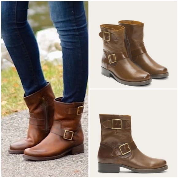 Frye Vicky Engineer Moto Brown Real Leather Belted Vintage Mid Calf Ankle Boot - Picture 10 of 16